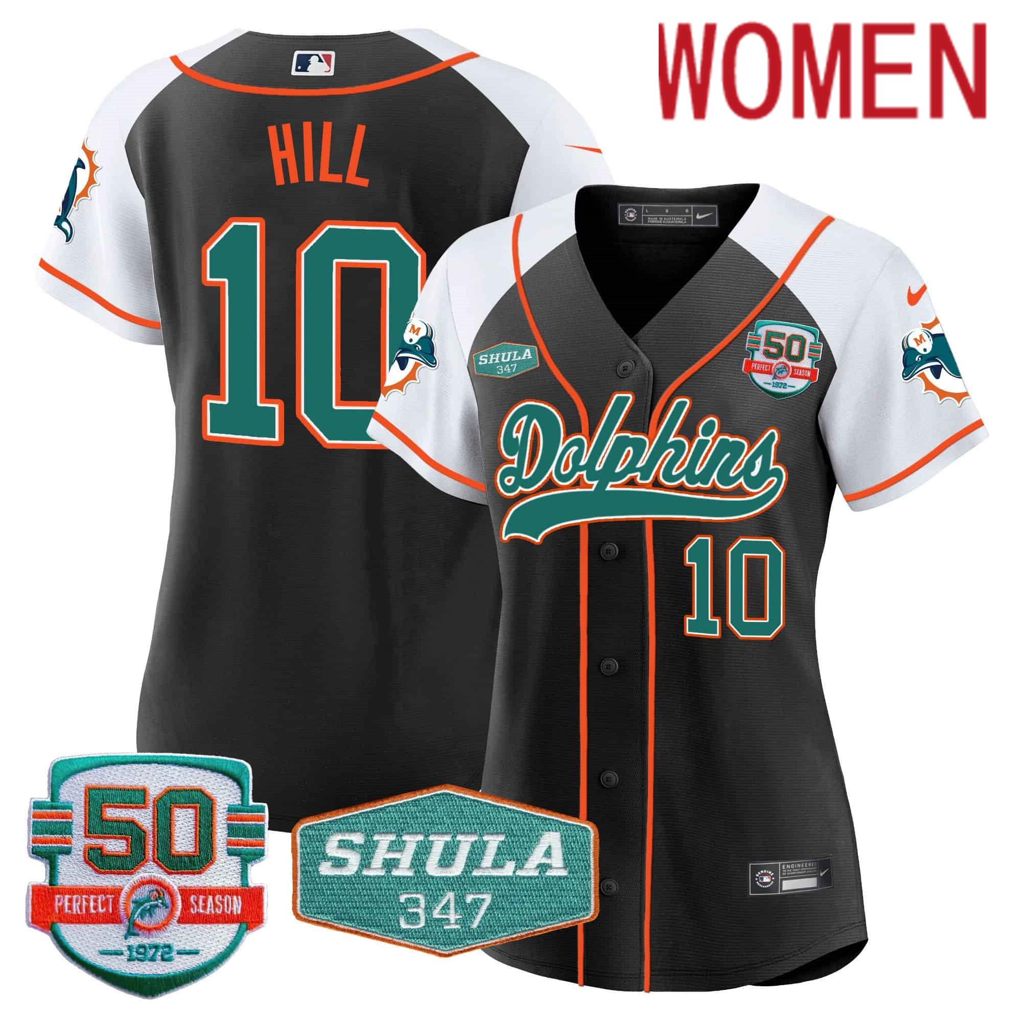 Women Miami Dolphins #10 Hill Black 2024 Nike 50th Don Shula Memorial Patch Baseball NFL Jersey->women nfl jersey->Women Jersey